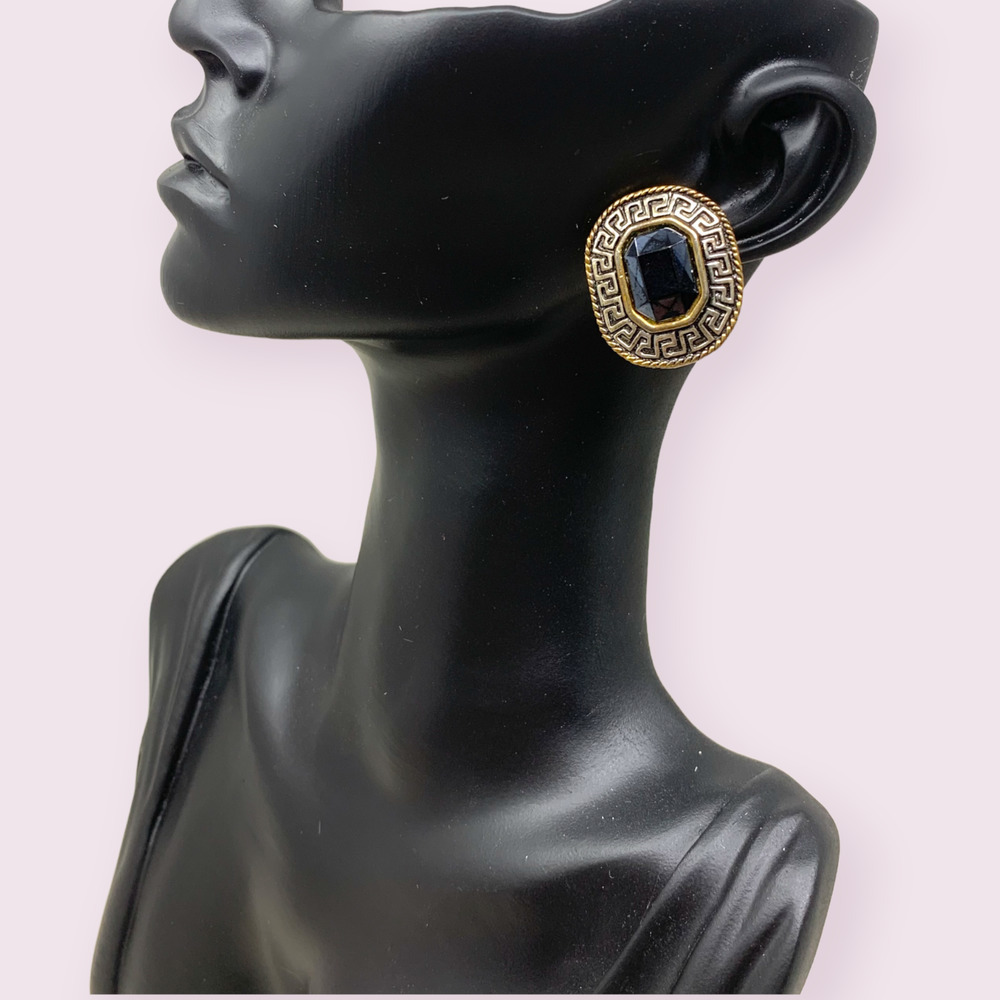 Vintage NEW 1990s Y2K Earrings Cushion Cut Black Crystal Greek Key Trim Pierced